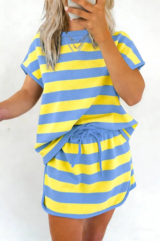 Yellow Stripe Dolman Tee Drawstring Skort Athletic 2pcs Set Nataliz