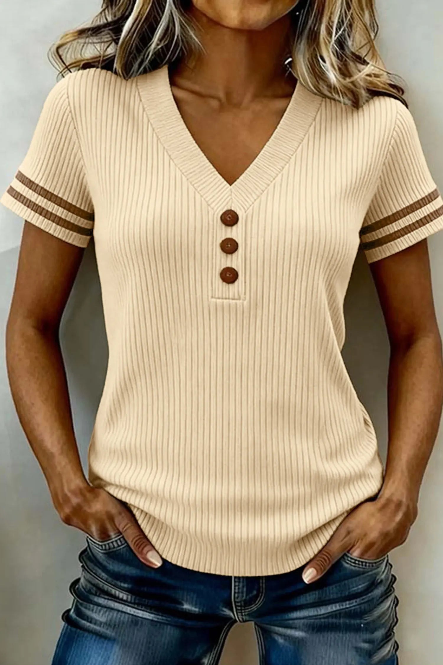 Apricot V Neck Ribbed Knit Striped Trim Short Sleeve Sweater Nataliz