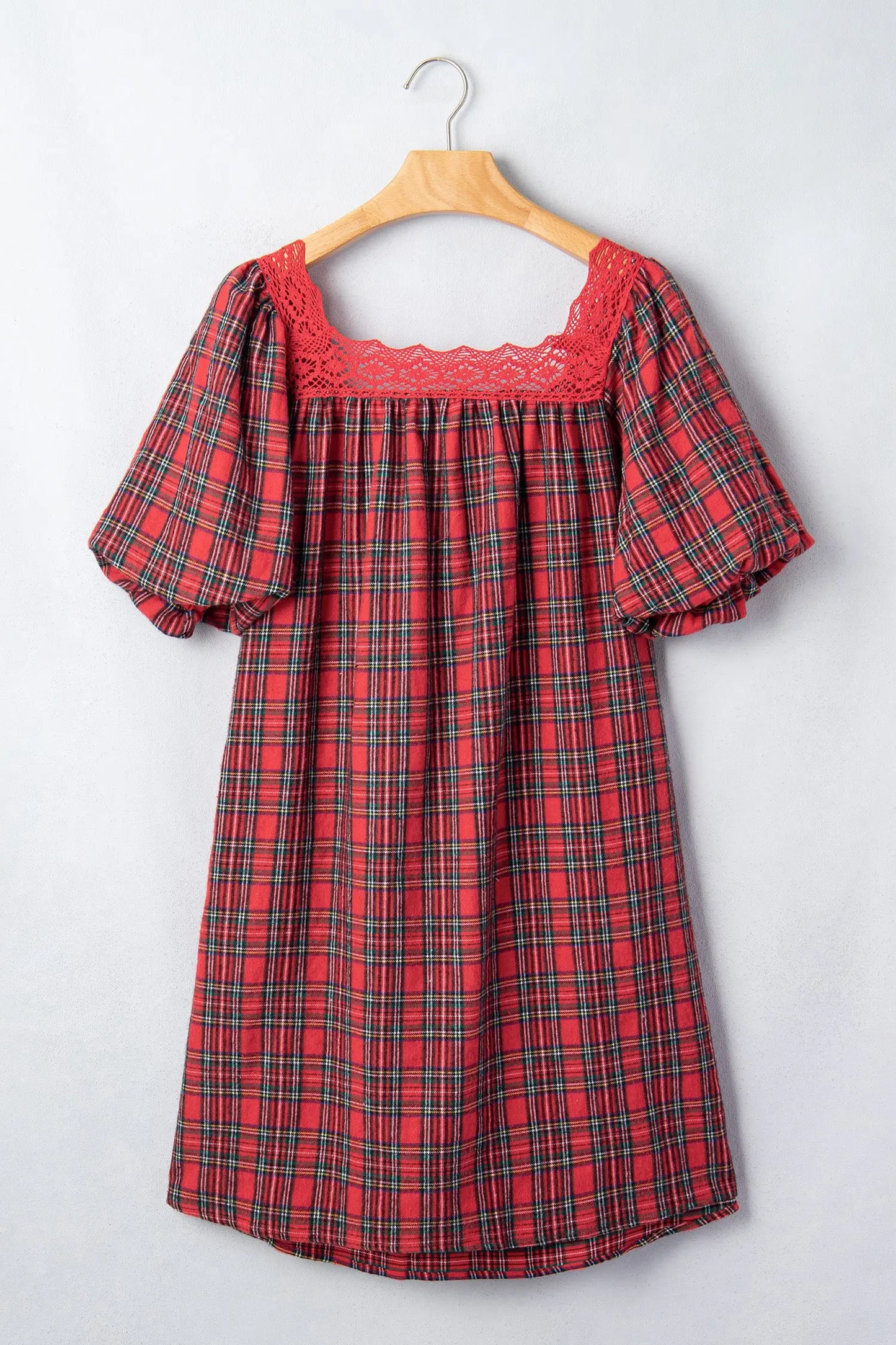 Red Plaid Square Collar Lace Trim Short Sleeve Shift Mini Dress