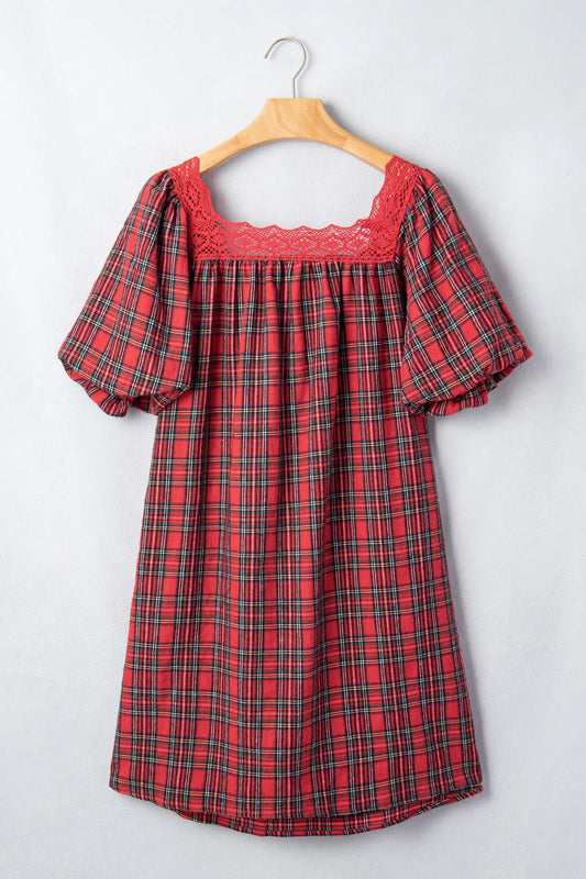 Red Plaid Square Collar Lace Trim Short Sleeve Shift Mini Dress
