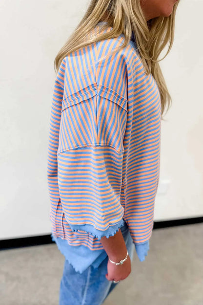 Sky Blue Stripe Colorblock Scalloped Trim Loose 3/4 Sleeve Top