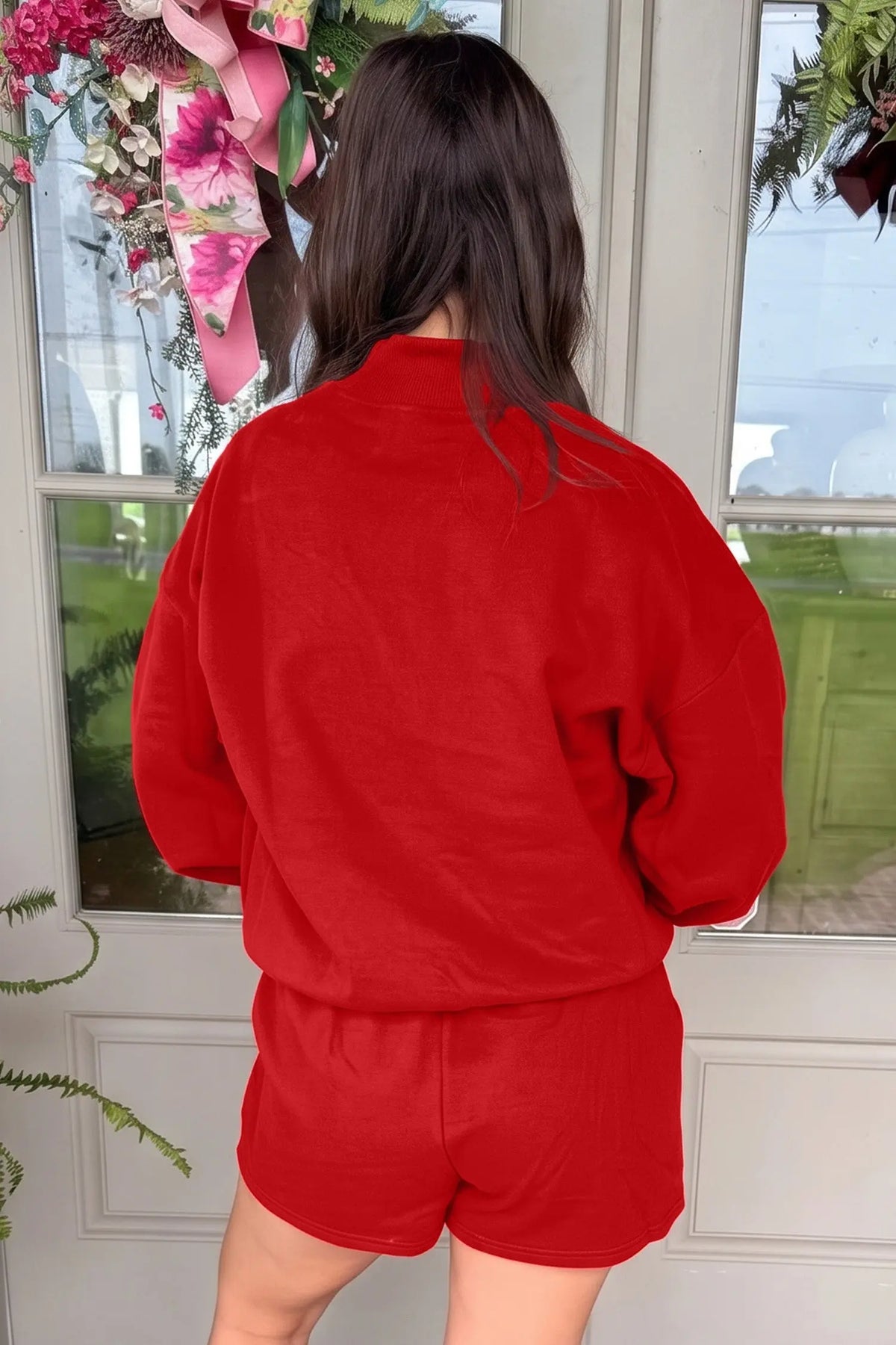 Red Christmas Slogan Print Mock Neck Pullover and Shorts Set model back view · nz-alt-v1