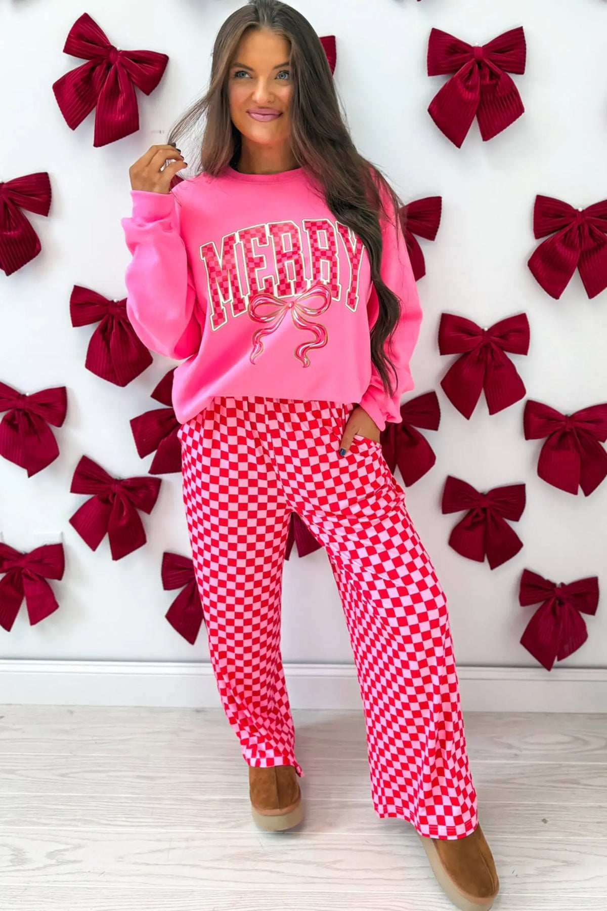 Pink Christmas Slogan Graphic Plaid Contrast Two-piece Pant Set