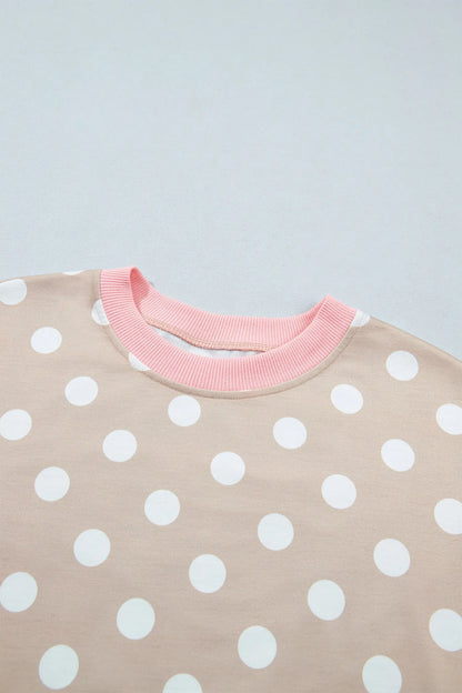 Khaki Polka Dot Contrast Trim Long Sleeve Top Drawstring Shift Pants Set