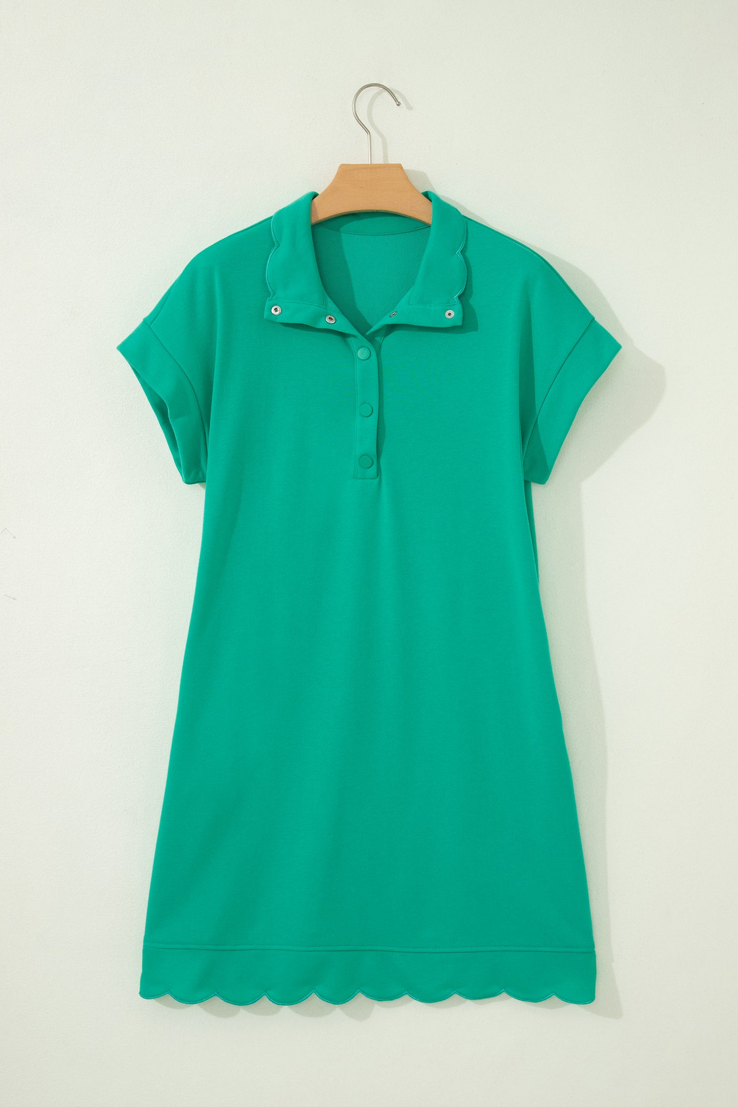 Sea Green Solid Color Snap Button Polo Collar Short Sleeve Scallop Hem Mini Dress