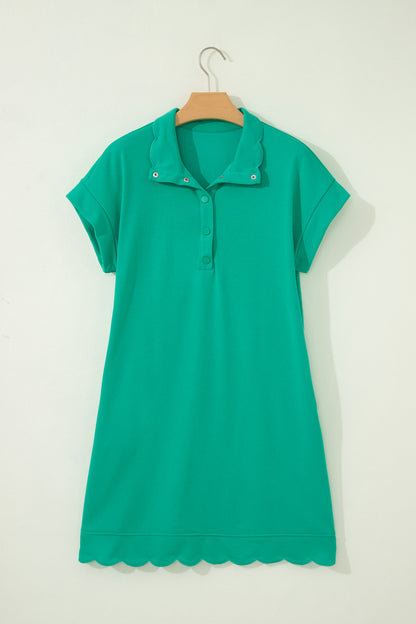 Sea Green Solid Color Snap Button Polo Collar Short Sleeve Scallop Hem Mini Dress
