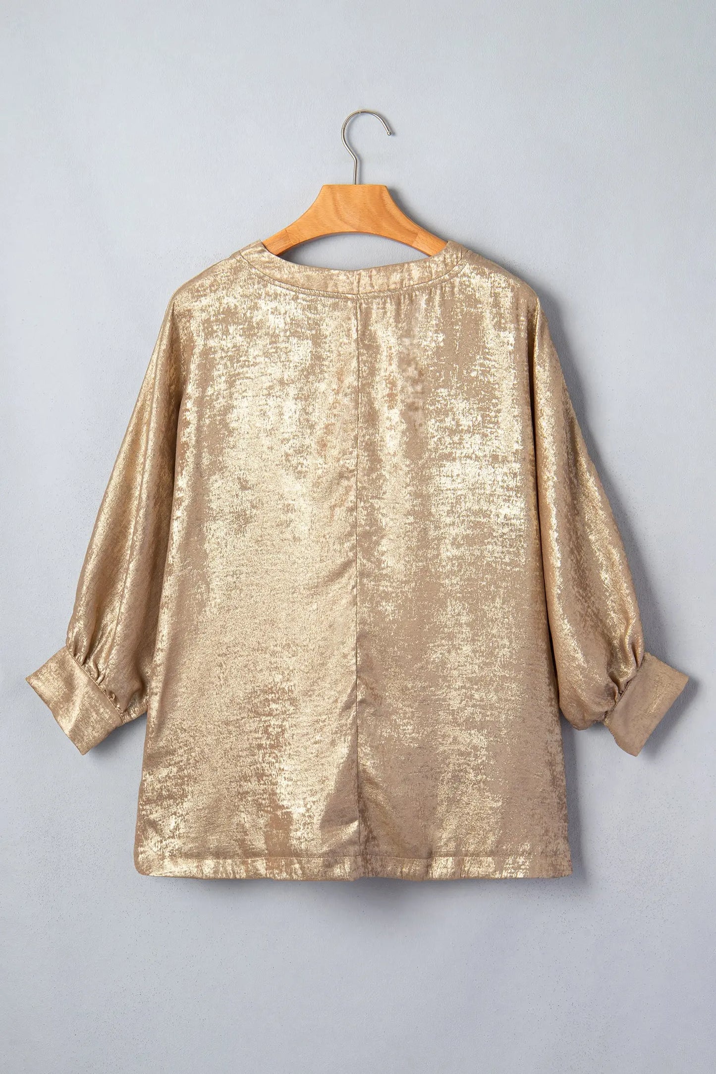 Parchment Metallic V Neck Button Cuffed Long Sleeve Dolman Blouse