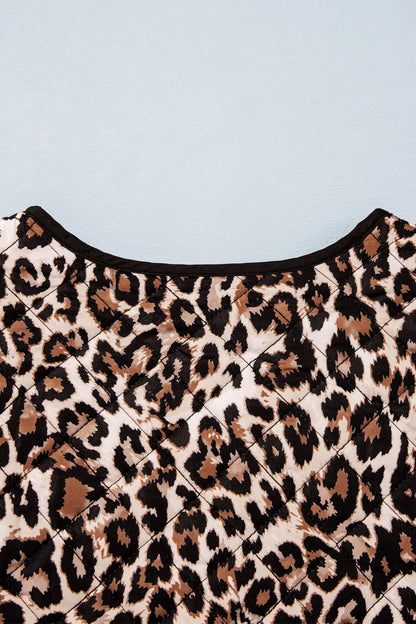 Brown Leopard Print Quilted Button Front Patch Pockets Jacket