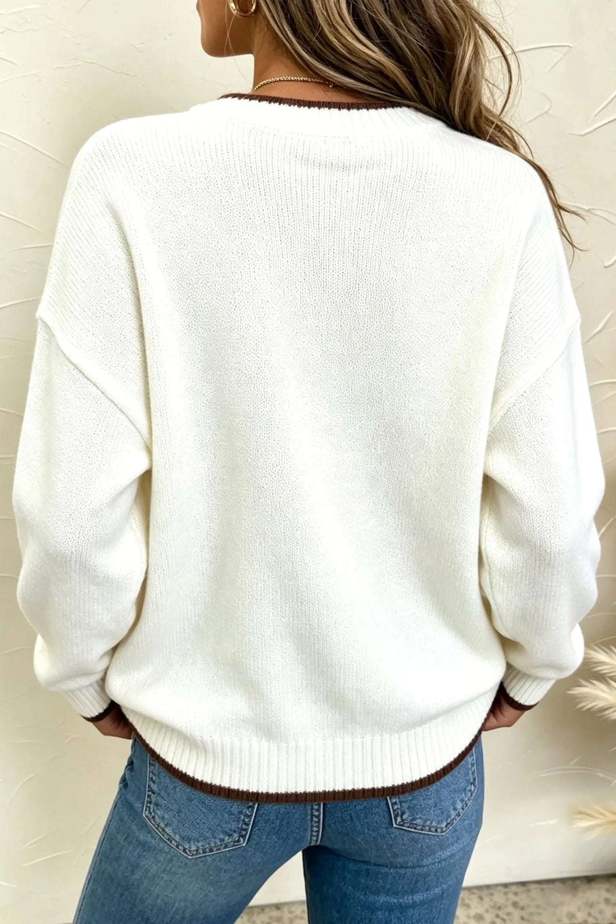 Cream fall pumpkin pattern casual pullover sweater with brown trim model back view · nz-alt-v1