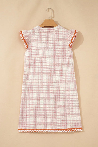 White Jacquard Textured Contrast Trim Short Sleeve Tassel Tie Shift Dress
