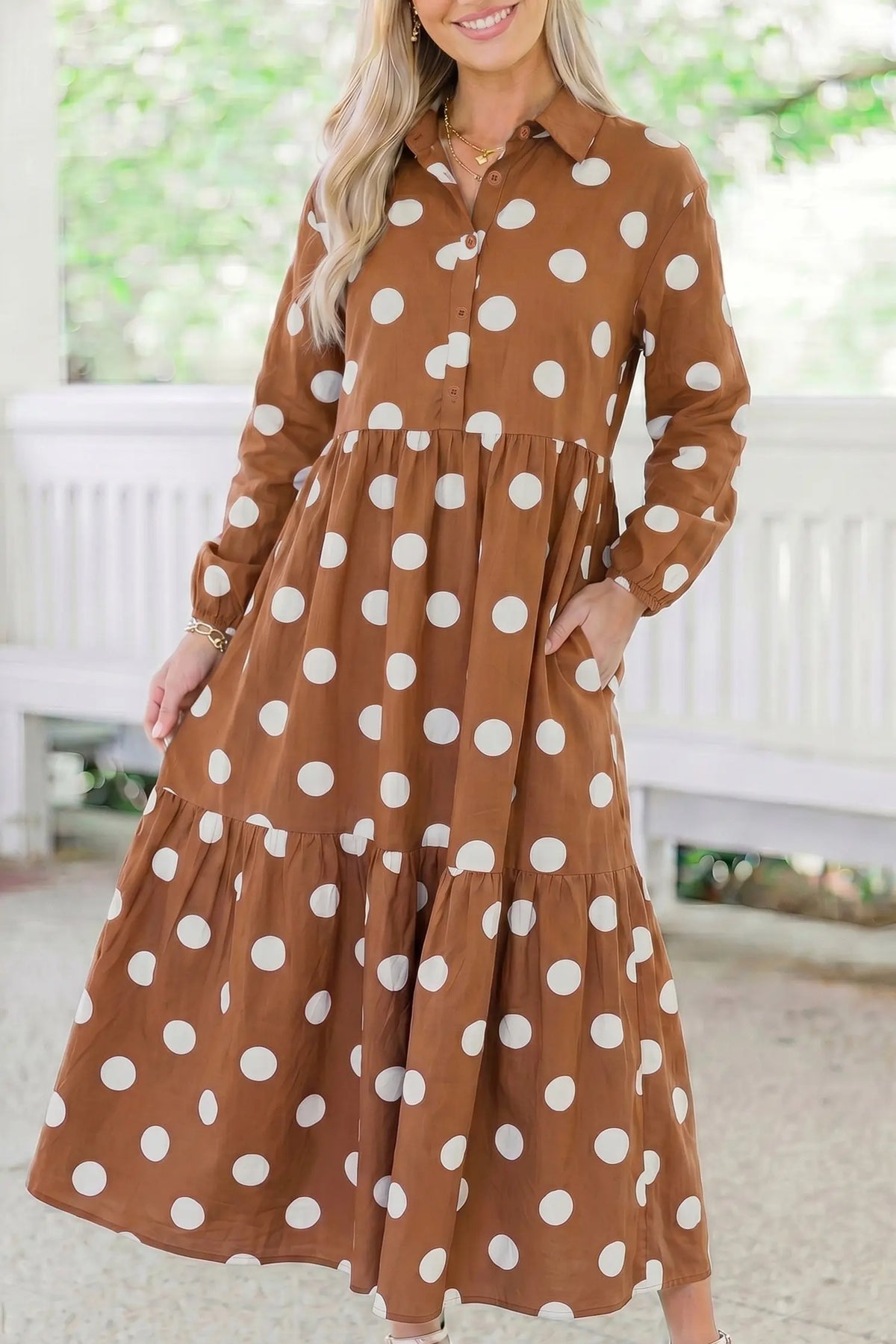 Brown Polka Dot Button Front Long Sleeve Shift Dress model front view · nz-alt-v1