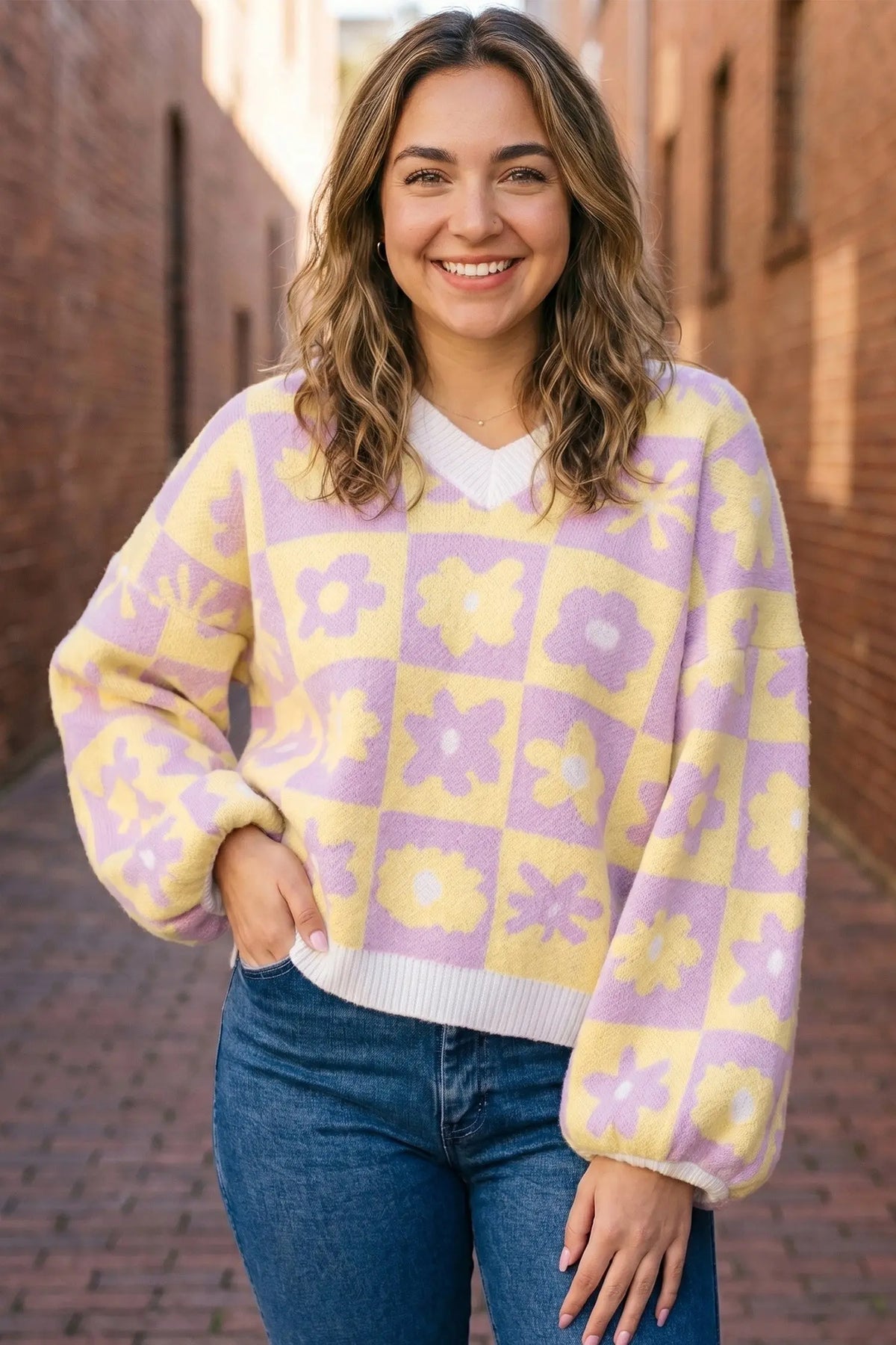 Multicolour V Neck Plaid Floral Long Sleeve Plus Size Sweater