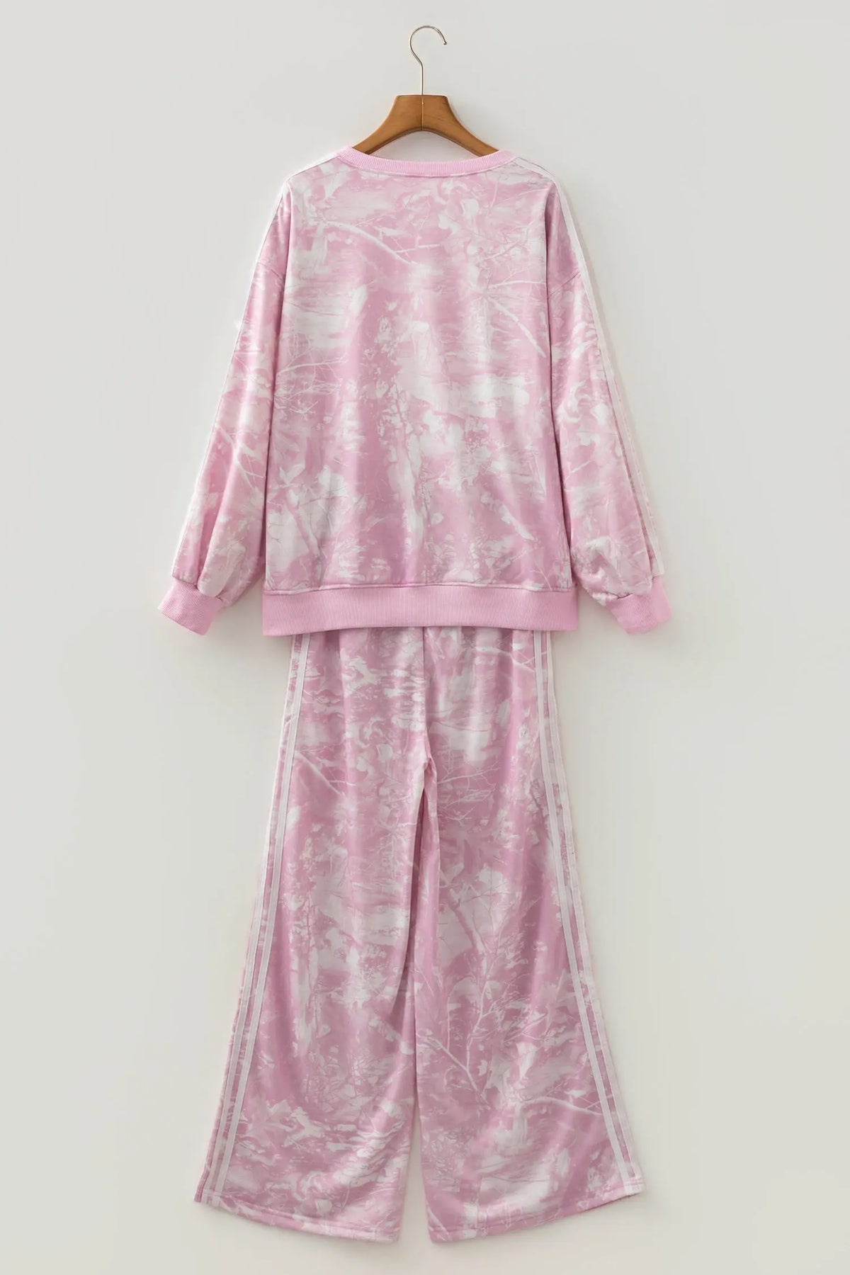 Pink Abstract Print Side Stripe Detail Long Sleeve Top Loose Pants Set