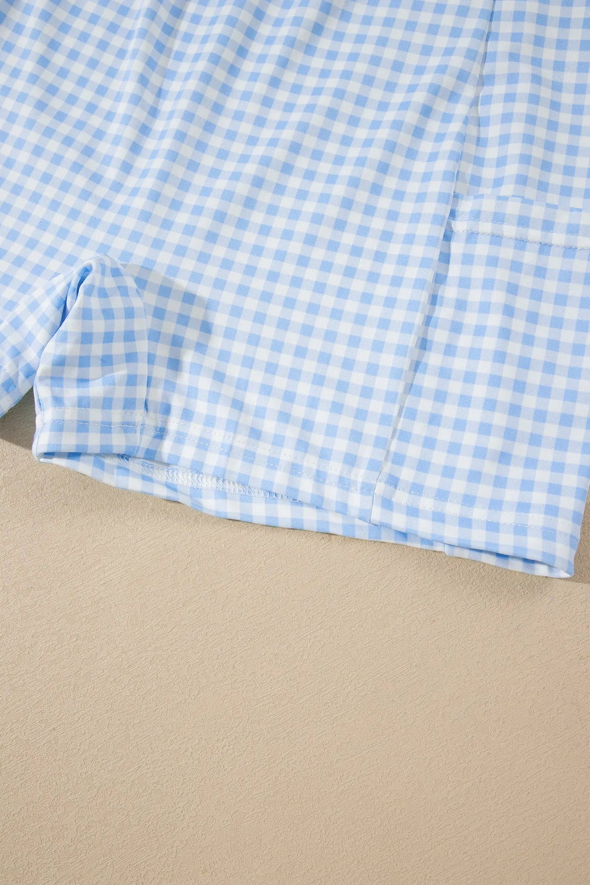 Beau Blue Faux Two Piece Gingham Contrast Patchwork Loose Mini Dress gingham hem detail view · nz-alt-v1