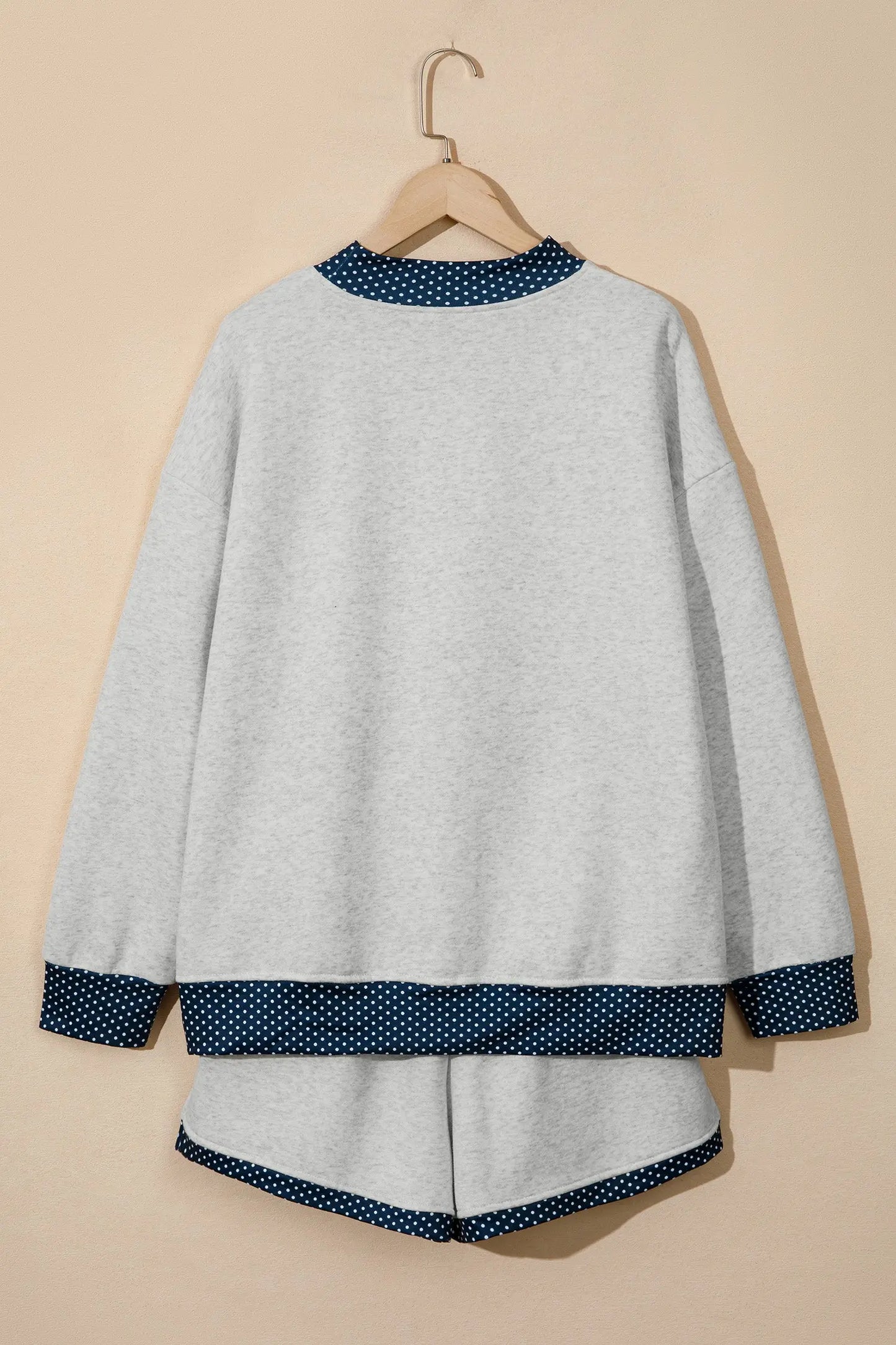 Light Grey Polka Dot Patchwork Mock Neck Pullover Casual Shorts Set