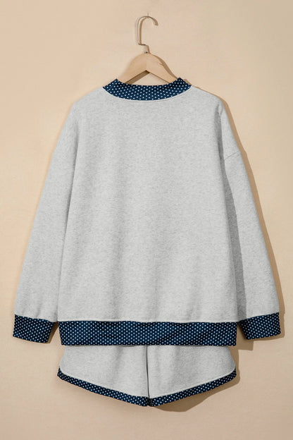 Light Grey Polka Dot Patchwork Mock Neck Pullover Casual Shorts Set