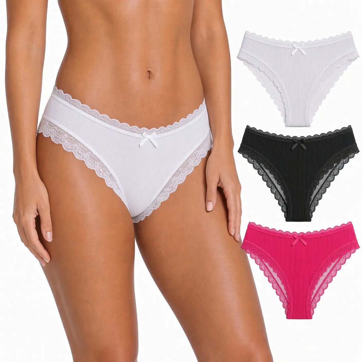Bragas cheeky de algodón 95% para mujer con encaje, pack de 3