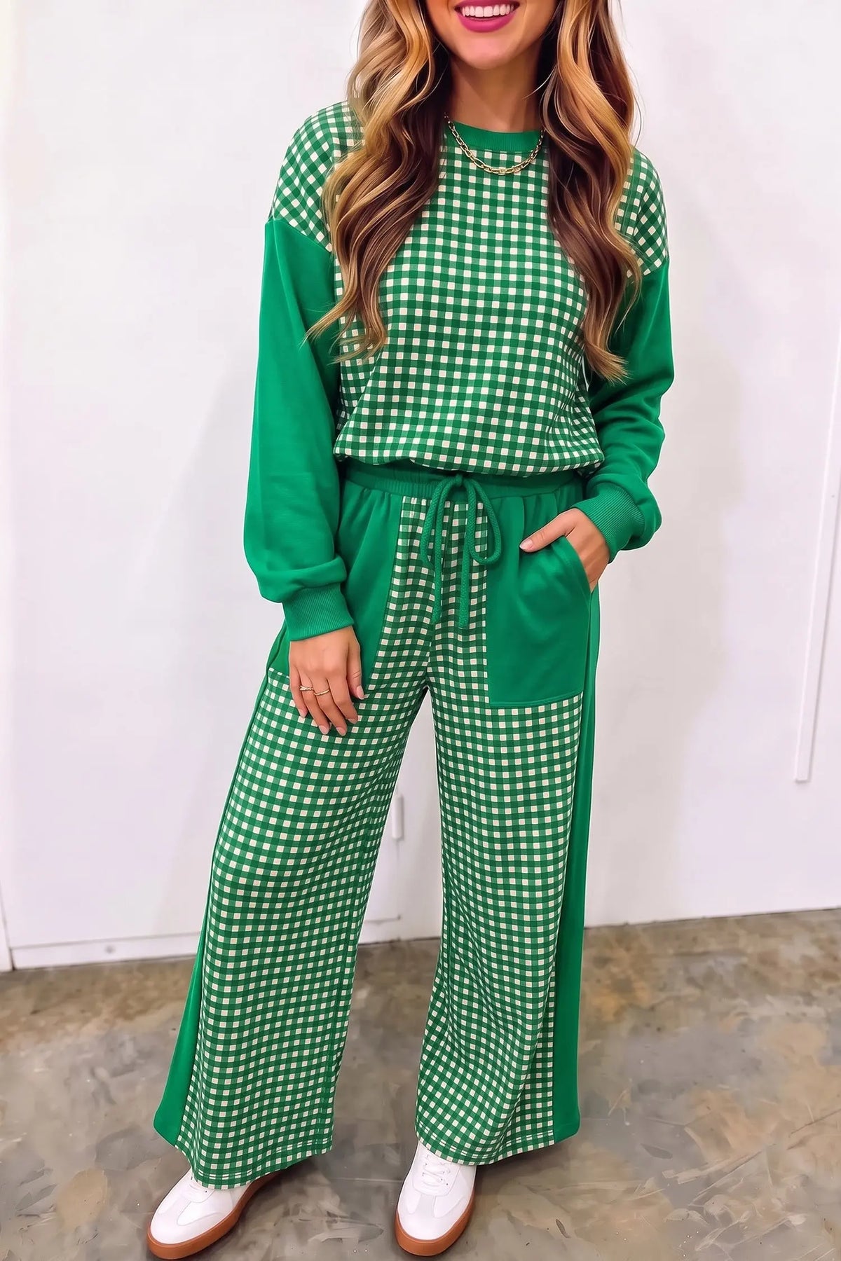 Green Color Block Plaid Patchwork Long Sleeve Pullover Wide Leg Pant Set