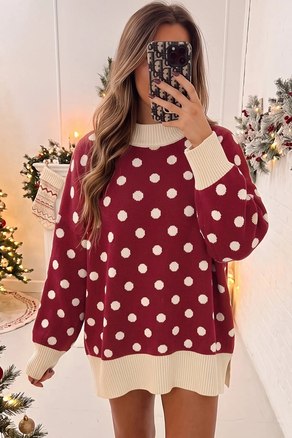 Polka Dot Pattern Ribbed Colorblock Trim Split Tunic Sweater