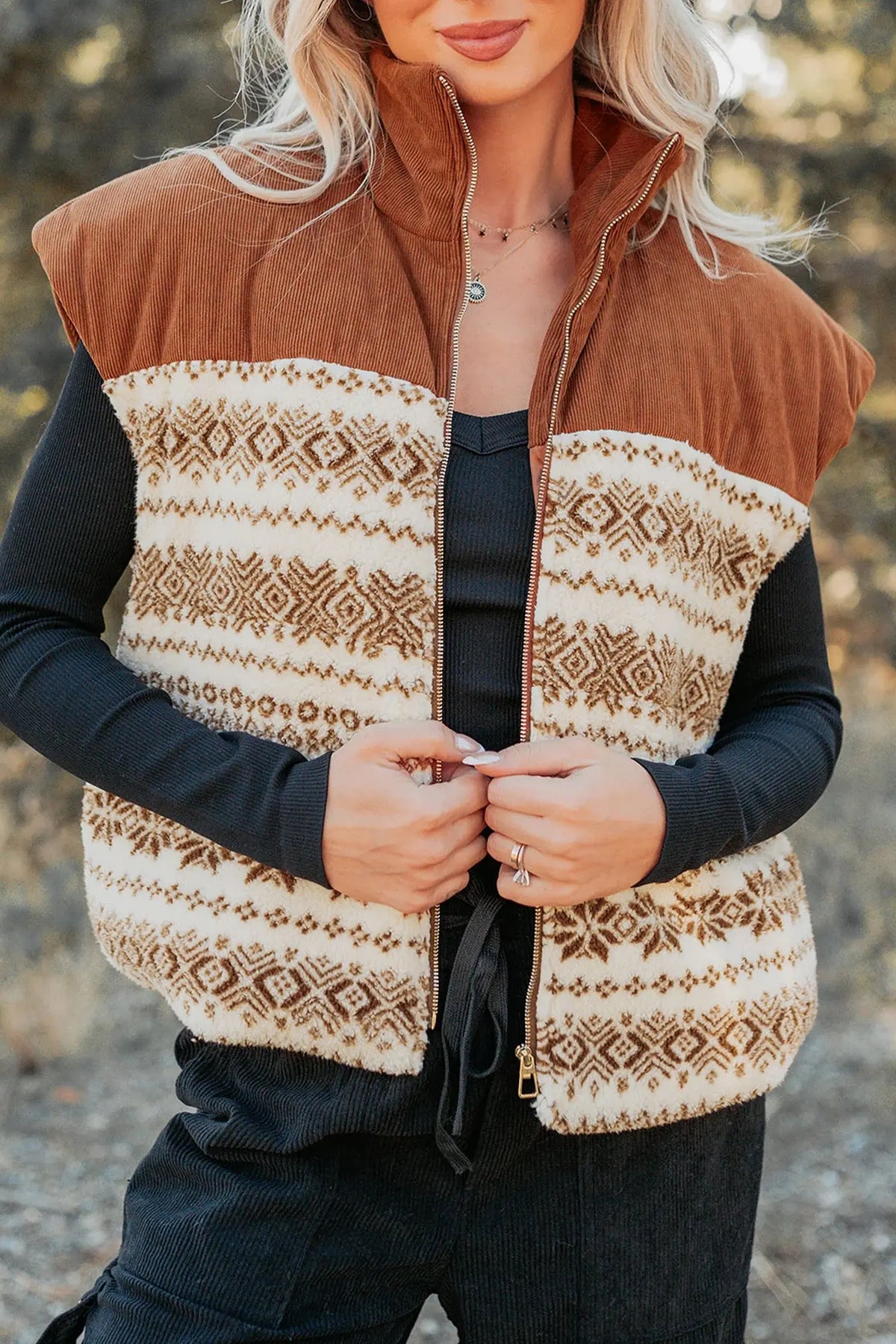 Brown geometric print fleece zipper collar vest model front view · nz-alt-v1
