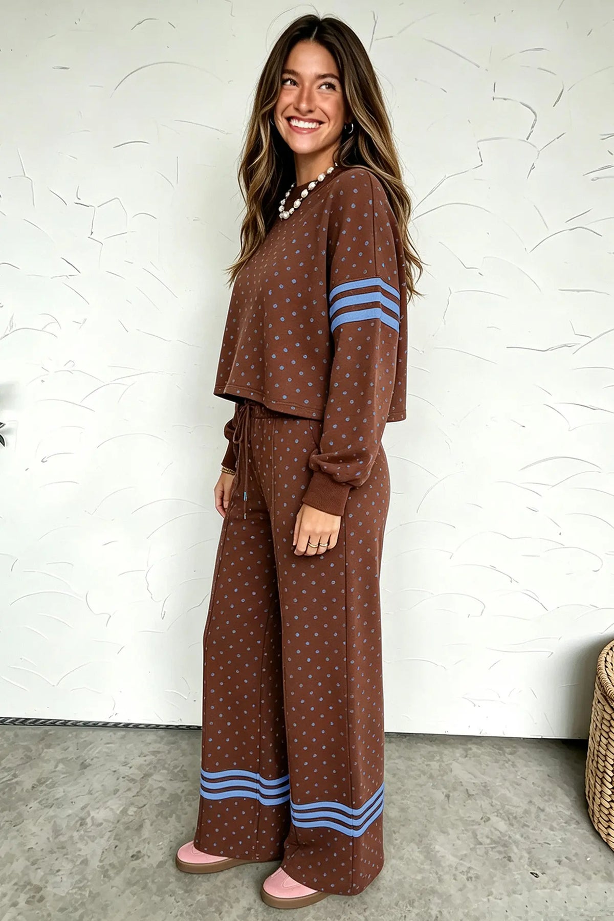 Brown Polka Dot Print Colorblock Stripes Detail Relaxed 2pcs Pant Set