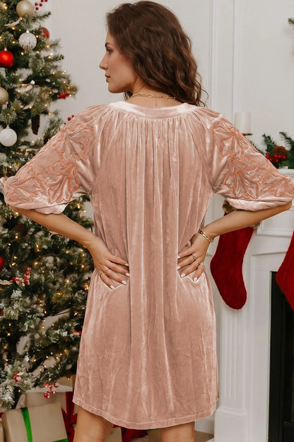 Light French Beige Embroidered Sleeve Velvet Mini Shift Dress