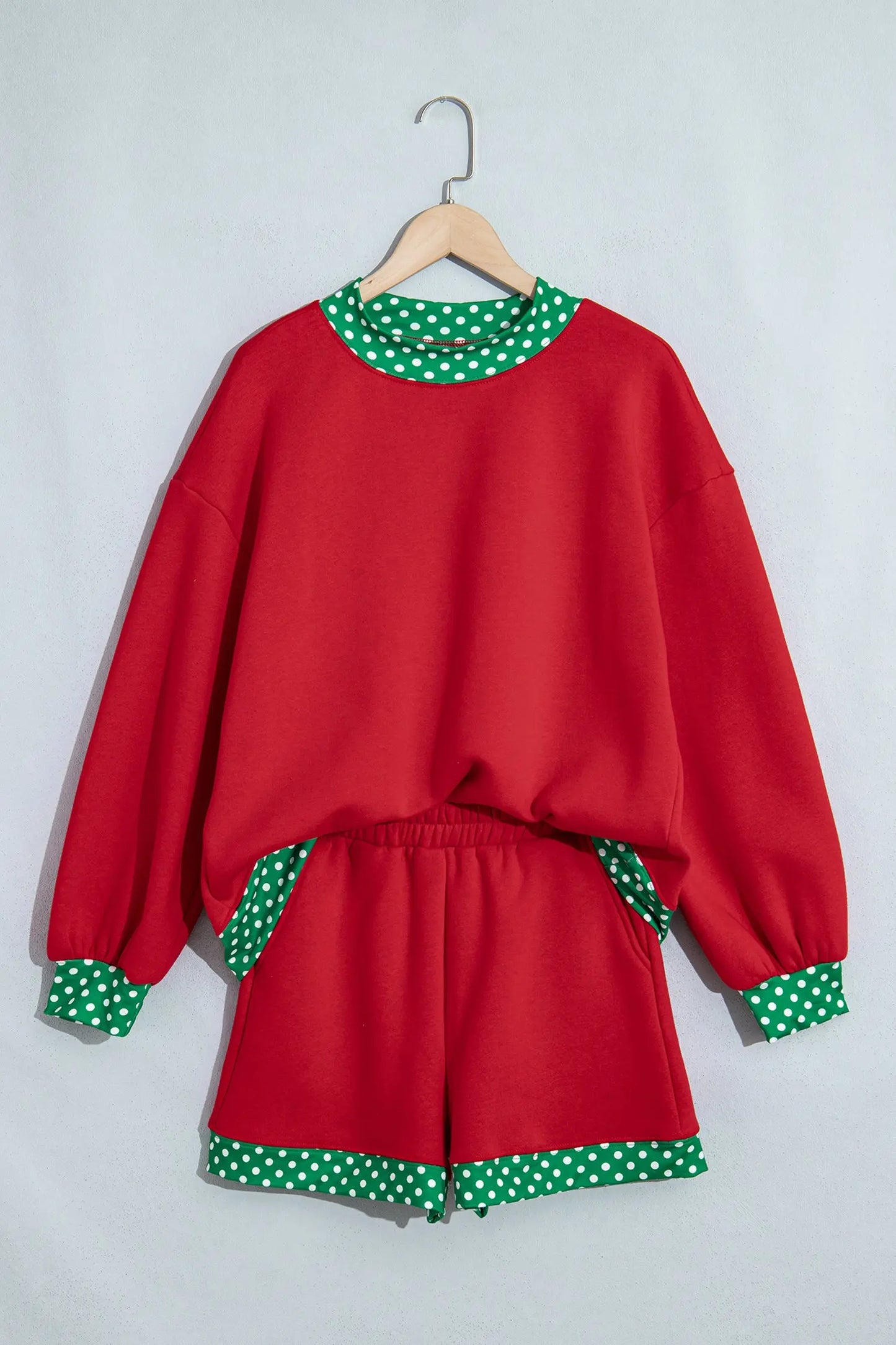 Dark Blue Polka Dot Trim Baggy Pullover 2pcs Short Set