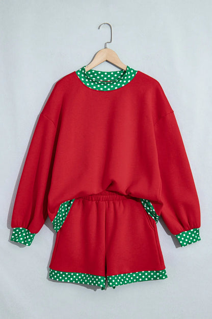 Dark Blue Polka Dot Trim Baggy Pullover 2pcs Short Set