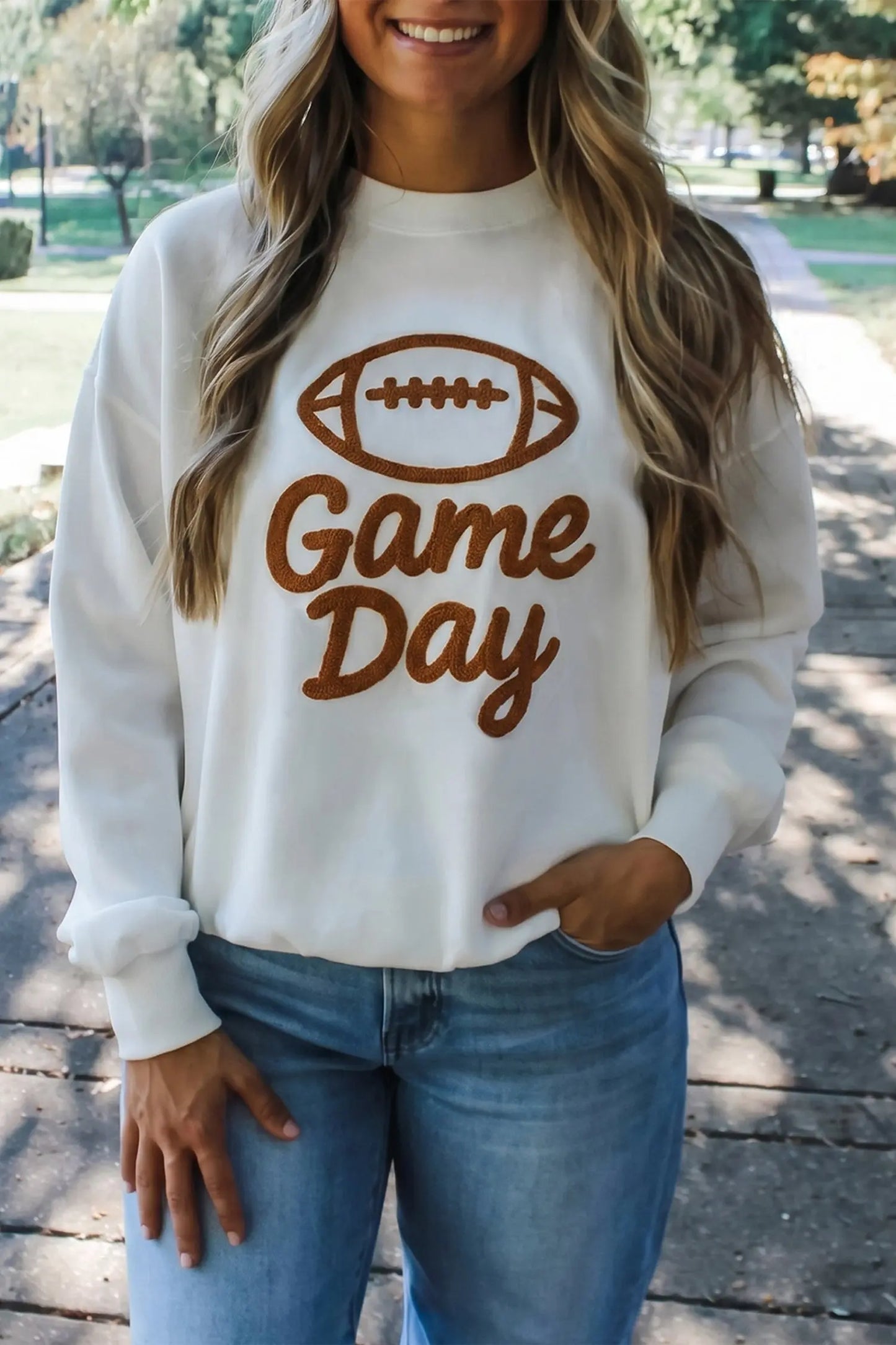 White Embroidered Slogan Game Day Rugby Pattern Crewneck Sweatshirt