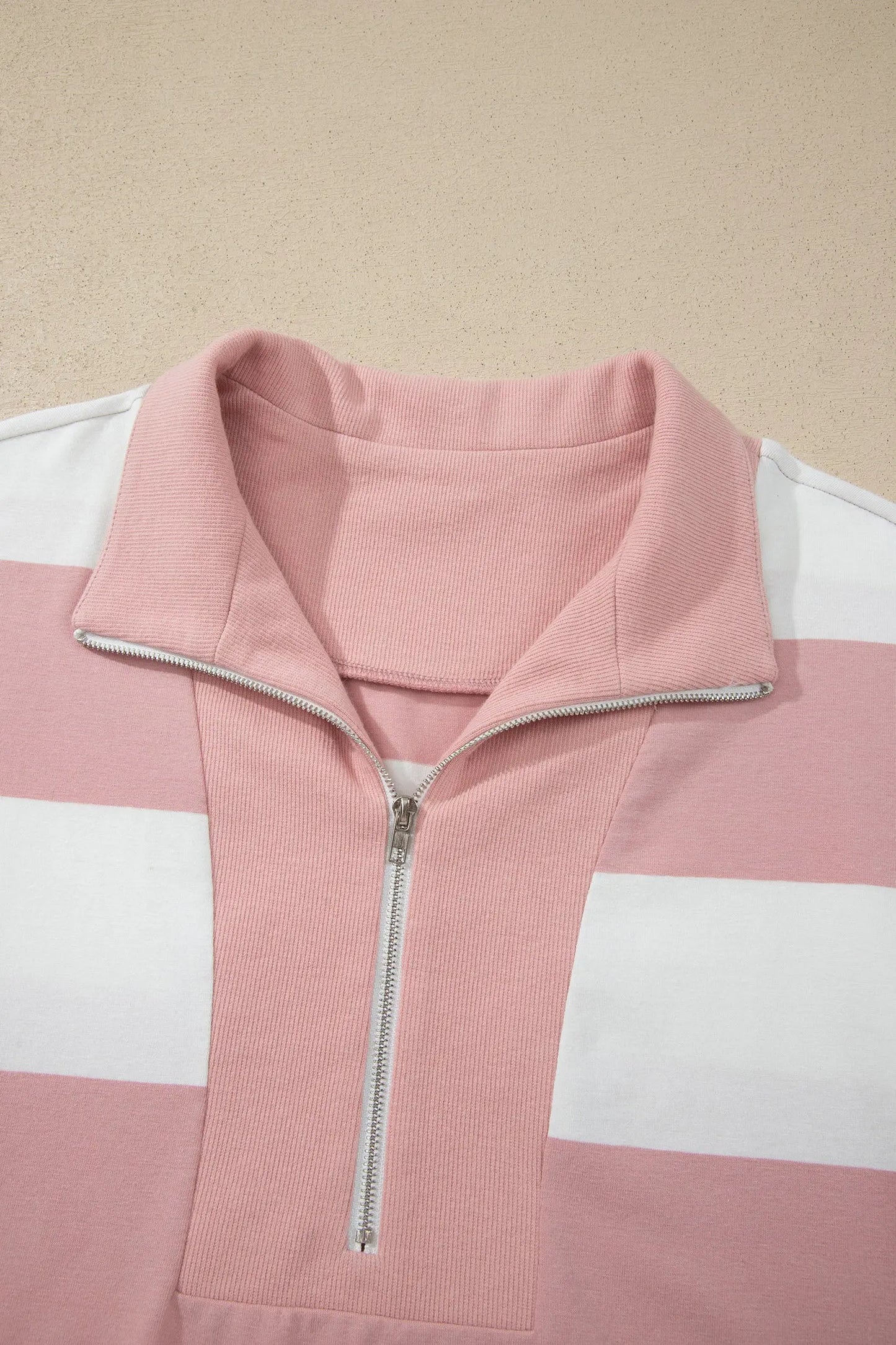 Pink Stripe Half Zip Bracelet Sleeve Top Casual Short Set