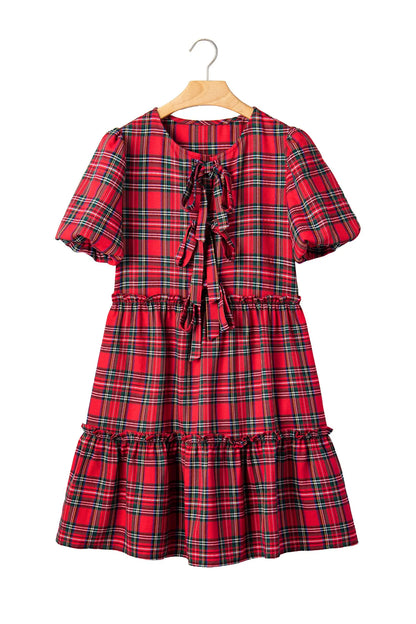 Red Plaid Knot Neck Short Sleeve Mini Shift Dress