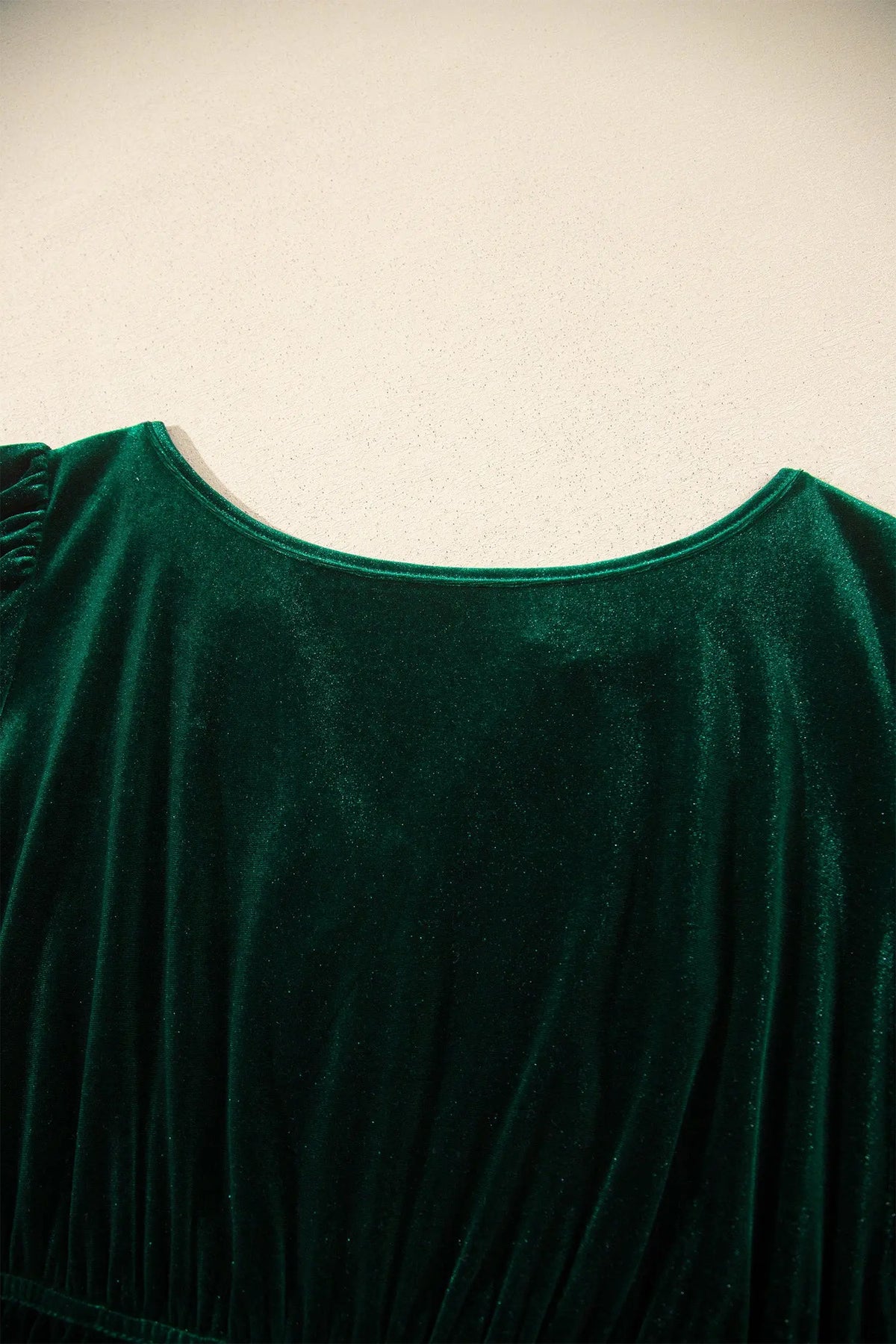 Blackish Green Velvet Short Sleeve Shirred Waist Tiered Plus Size Maxi Dress