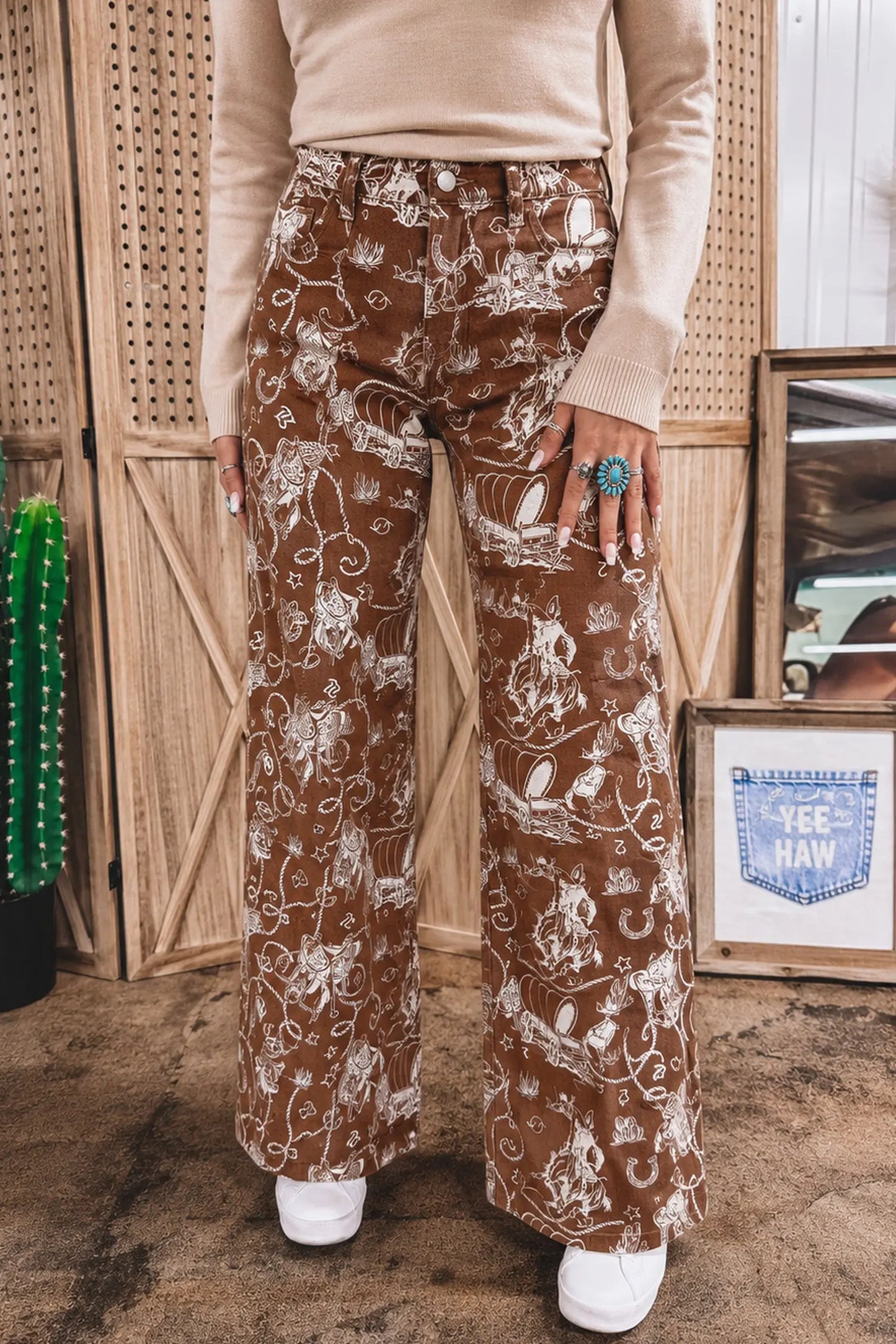 Brown Western Print Casual Shift Jeans