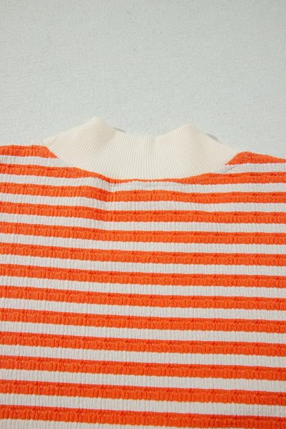 Orange Stripe Striped Textured Stand Neck Oversized Long Sleeve Top