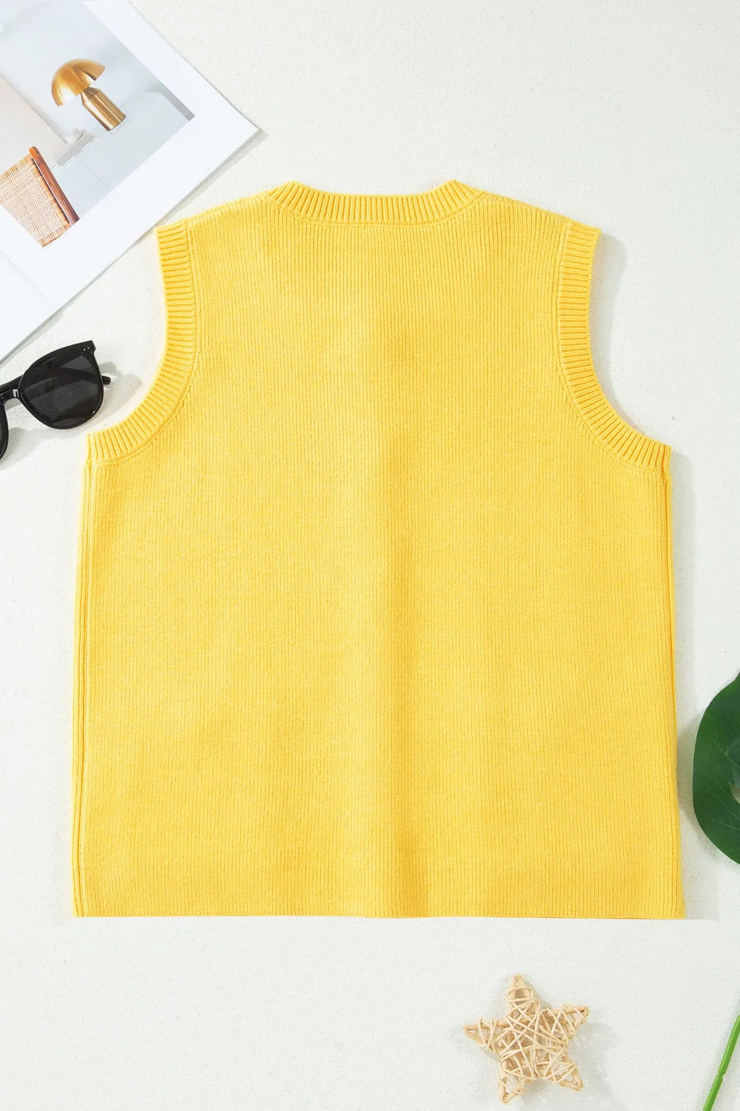 White Solid Color Sleeveless Knit Button Pocketed Sweater Nataliz