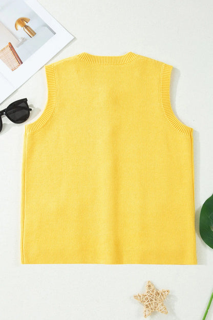 White Solid Color Sleeveless Knit Button Pocketed Sweater Nataliz