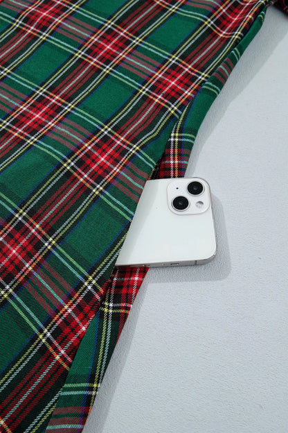 Green Plaid Button Front Short Sleeve Shift Dress