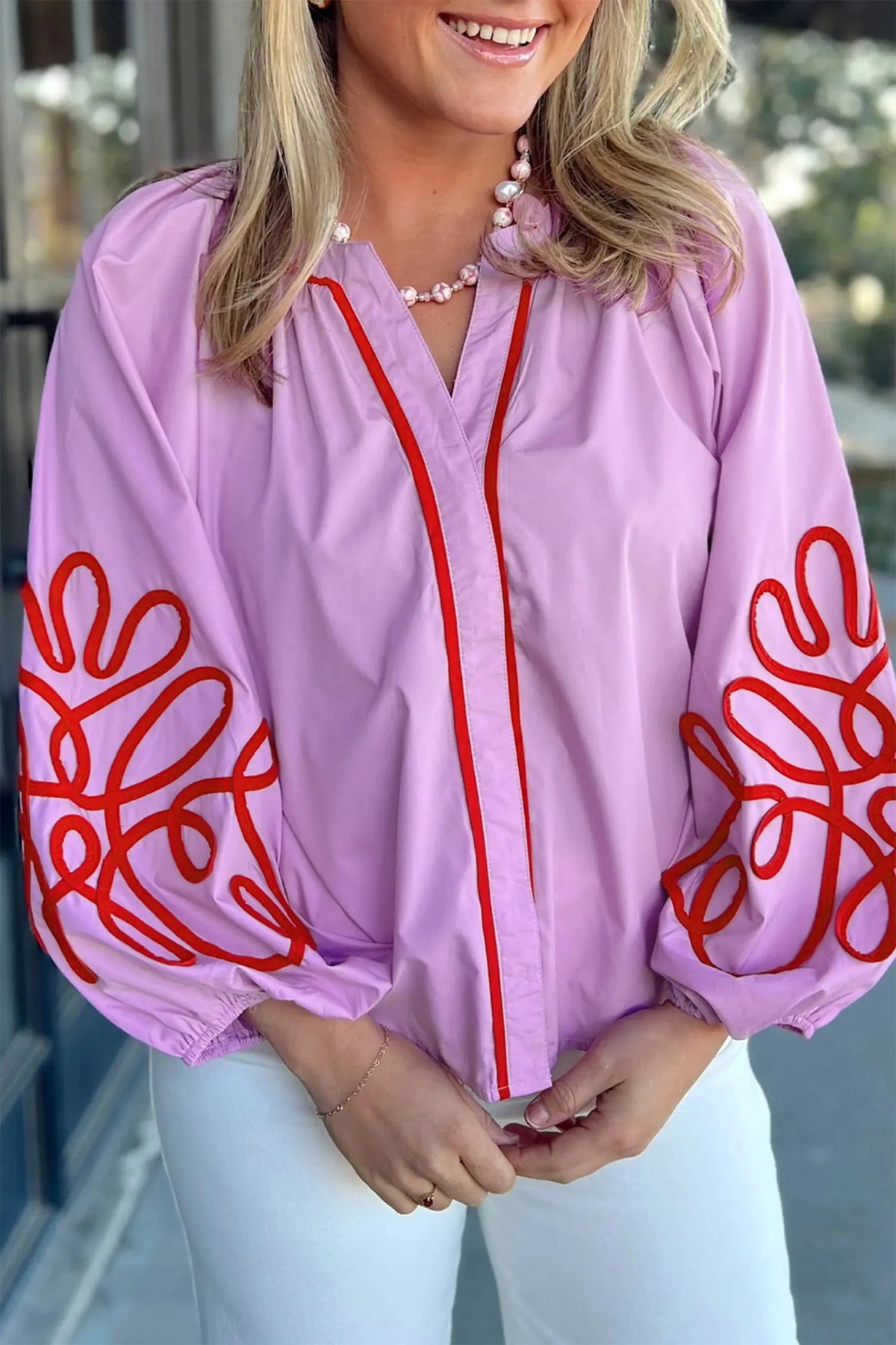 100% Cotton Orchid Bouquet Contrast Detail Long Sleeve Decorative Neckline Cotton Blouse