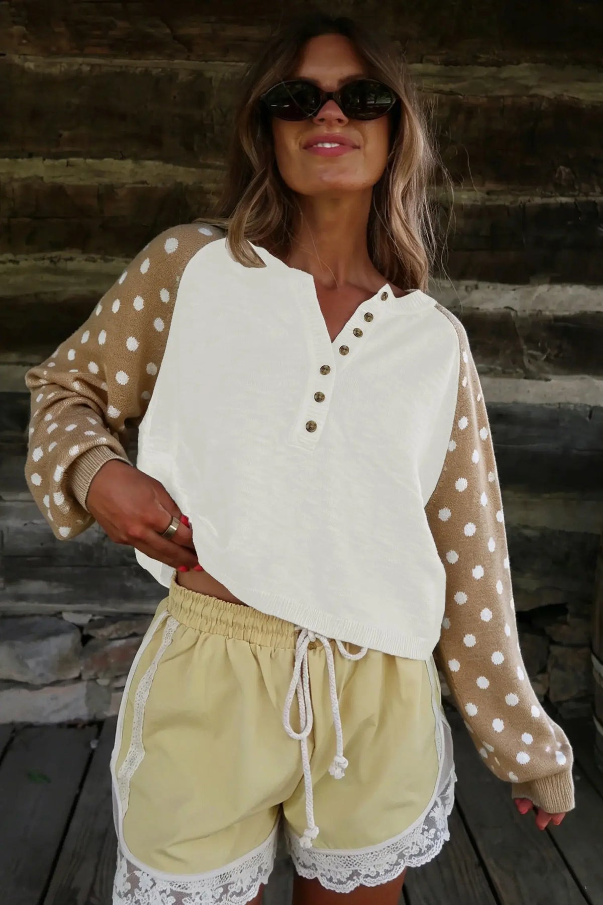Khaki Polka Dot Contrast Long Sleeve Button V Neck Sweater model front view · nz-alt-v1