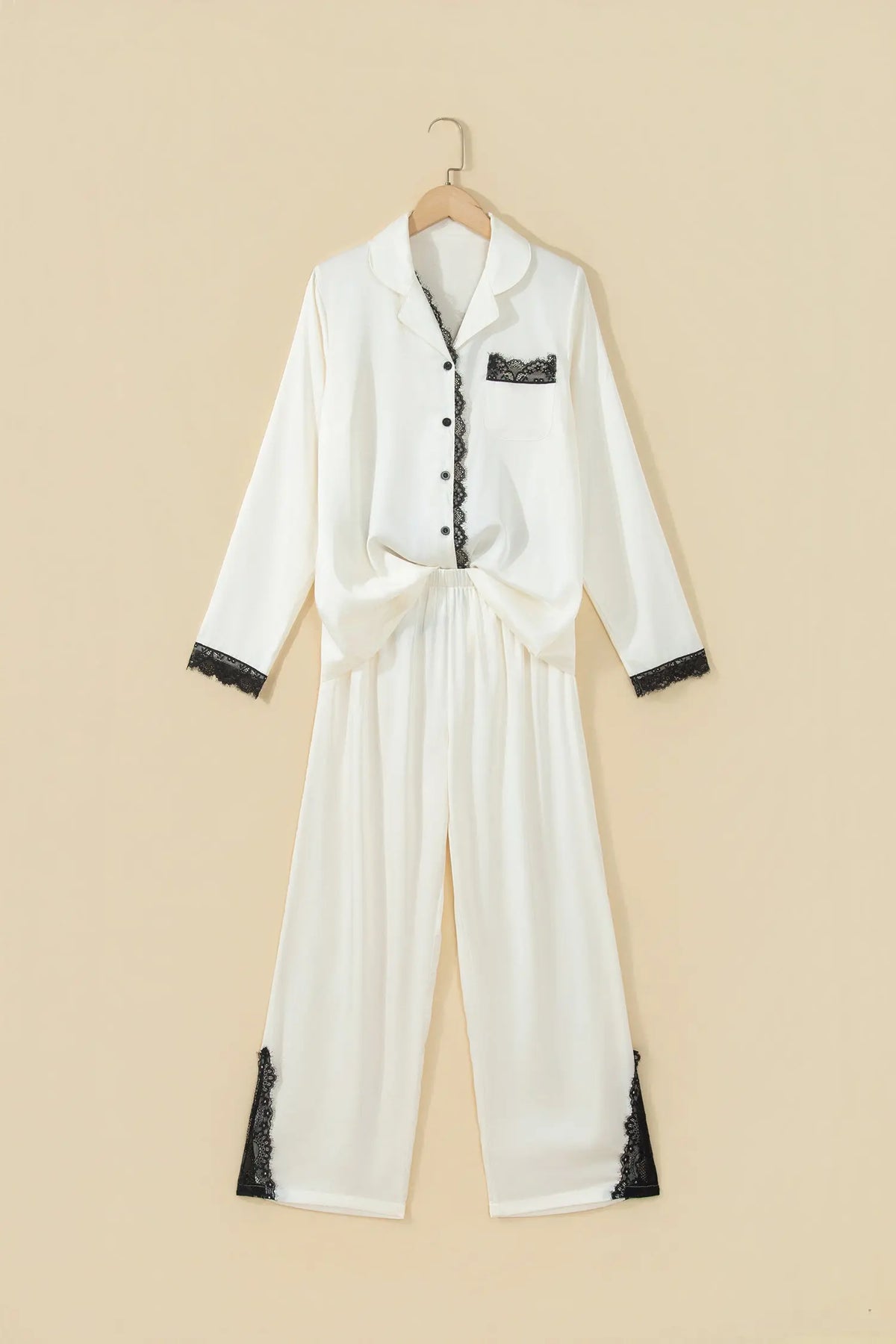 White Long Sleeve Lace Trim Button Front 2pcs Pajama Set