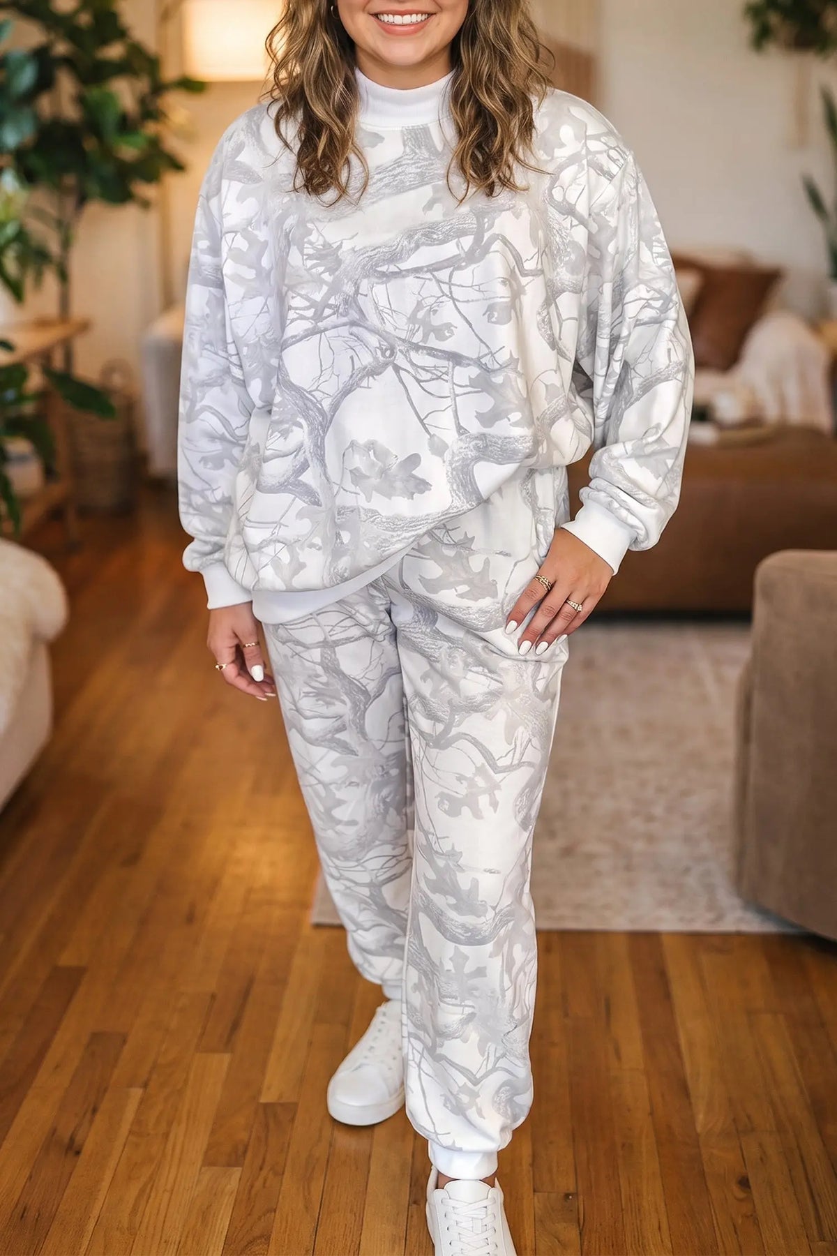 Camouflage Print Stand Neck Long Sleeve Regular Fit Plus Size Set