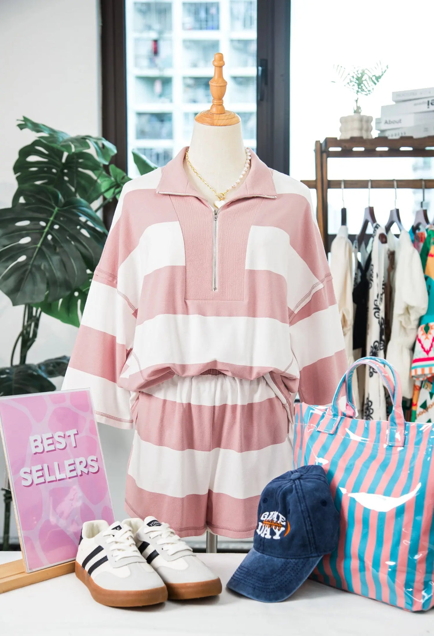 Pink Stripe Half Zip Bracelet Sleeve Top Casual Short Set