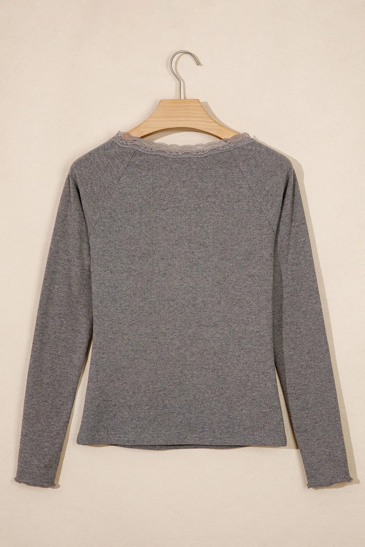 Medium Grey Ribbed Lace Trim V-Neck Button Detail Long Sleeve Top hanging view · nz-alt-v1