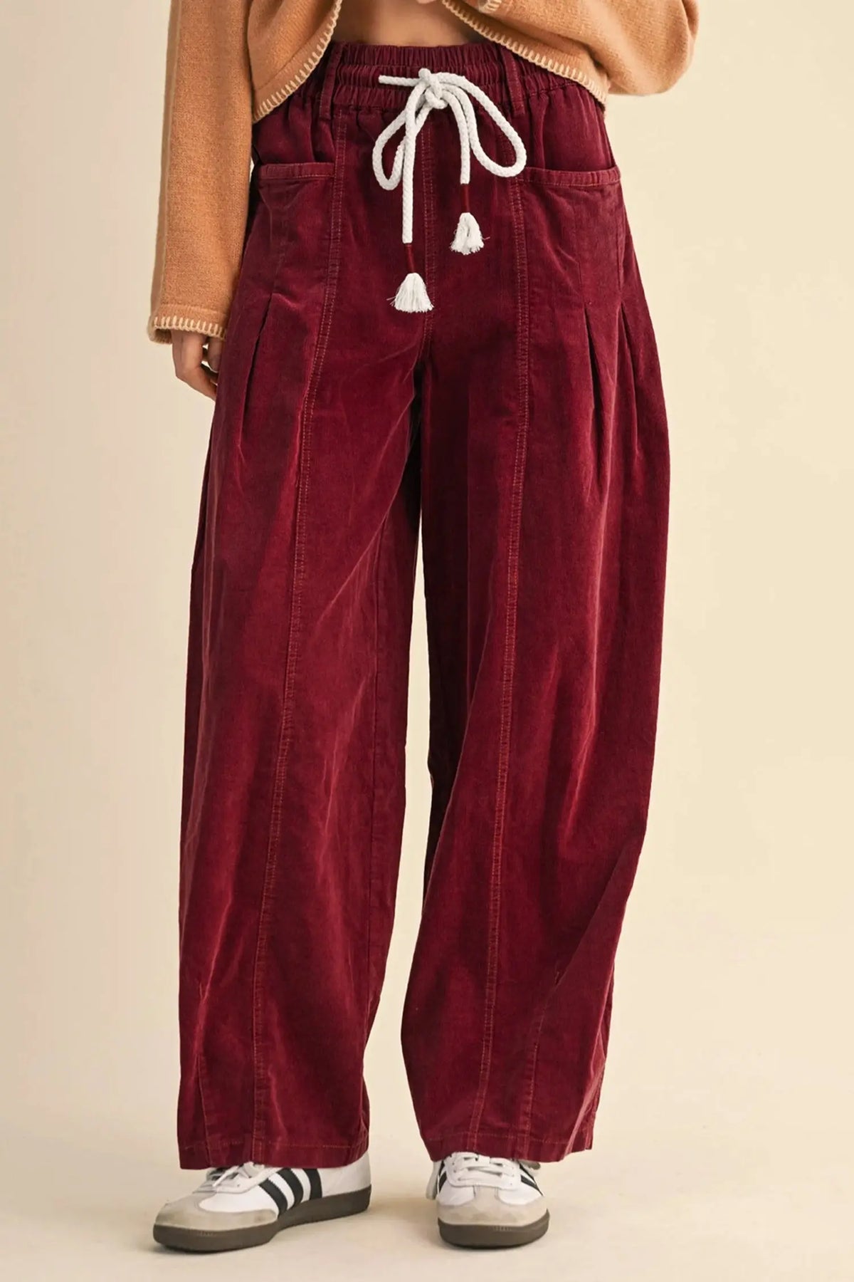 Chestnut Elastic Waist Drawstring Corduroy Casual Pants