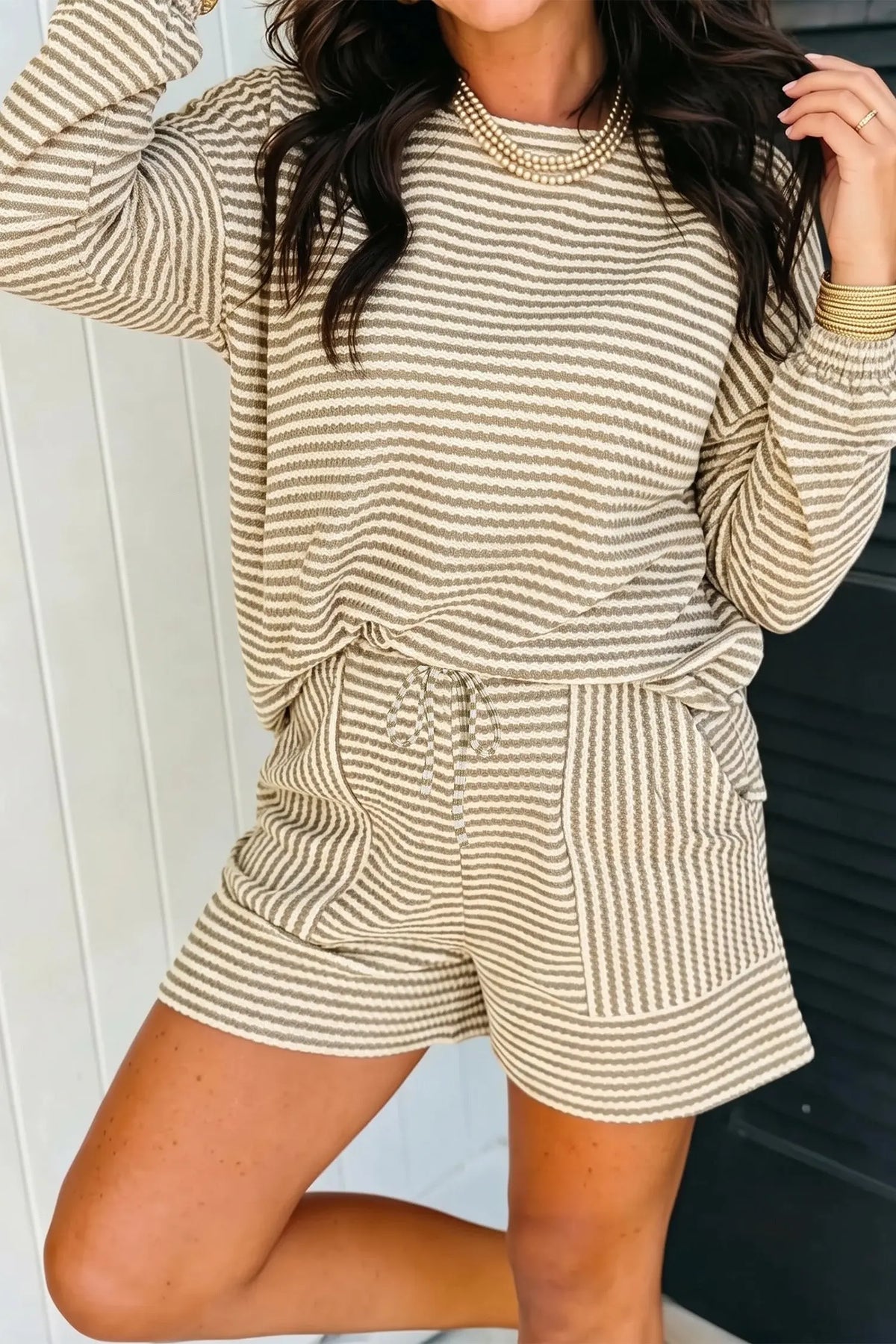 Stripe textured knit long sleeve top and elastic waist shorts set light brown model front view · nz-alt-v1