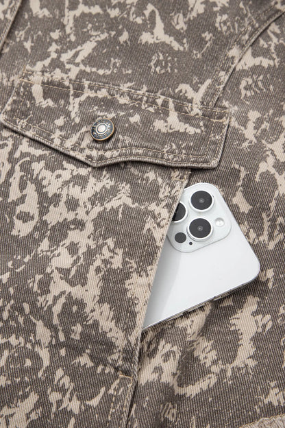 Khaki Abstract Print Long Sleeve Collar Raw Hem Denim Jacket
