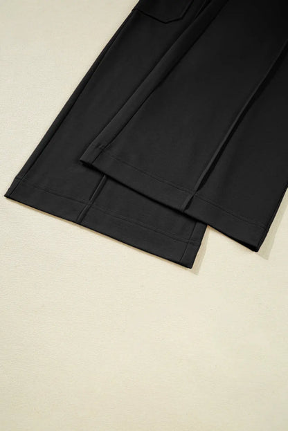 Black Solid Color Drawstring Elastic Waist Cargo Patch Pocket Active Pants