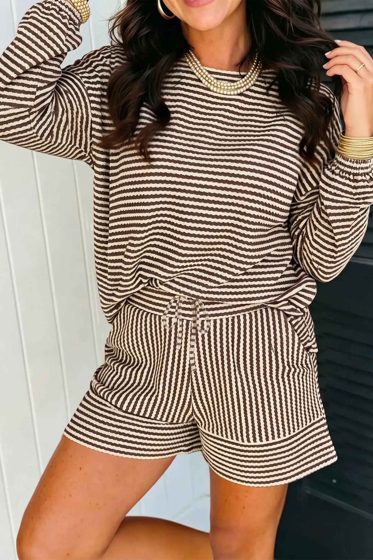 Brown stripe textured knit long sleeve top and elastic waist shorts set model front view · nz-alt-v1