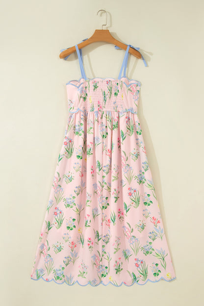Beige Floral Print Contrast Trim Self-tie Straps High Waist Midi Dress