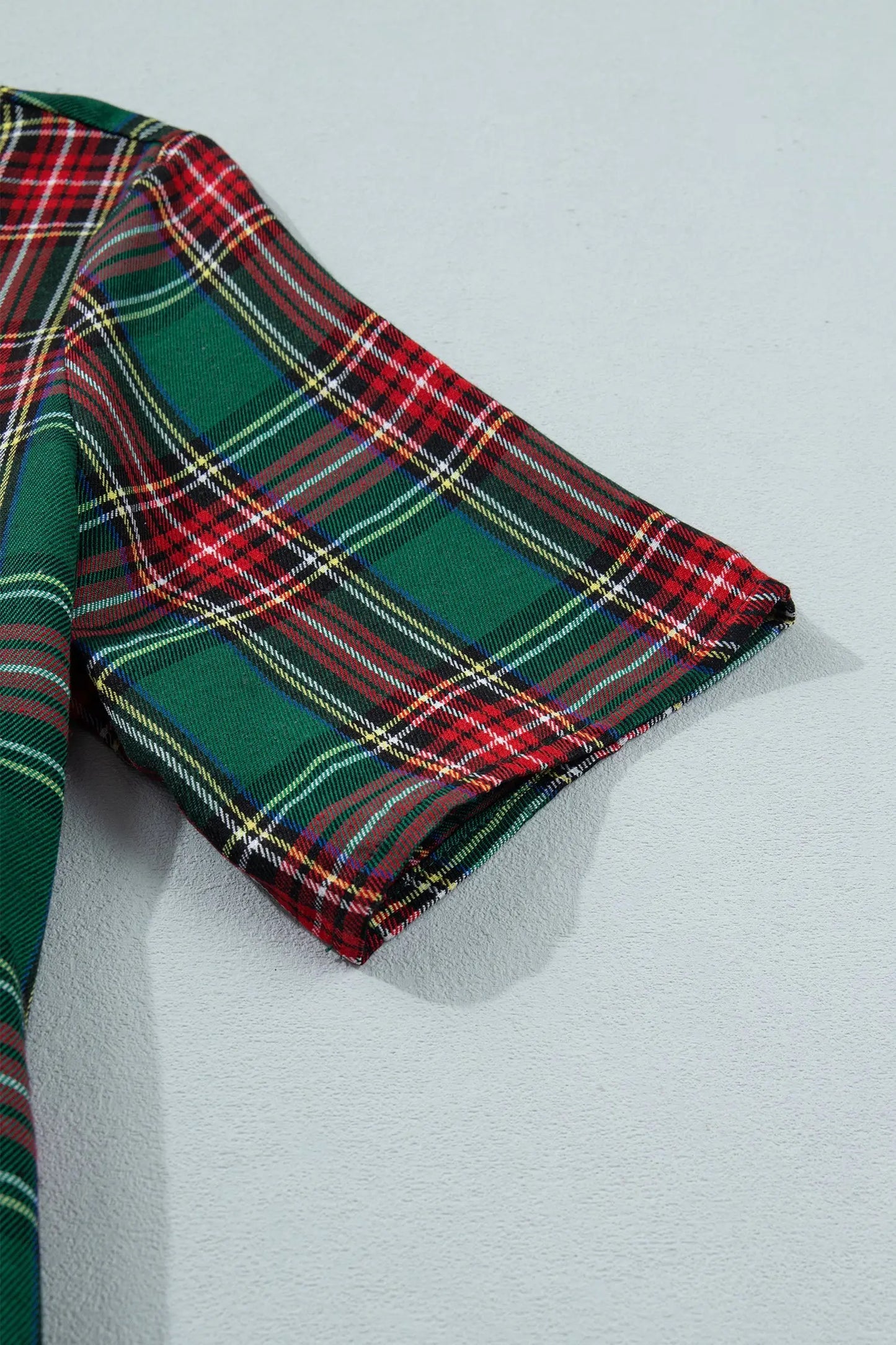 Green Plaid Button Front Short Sleeve Shift Dress
